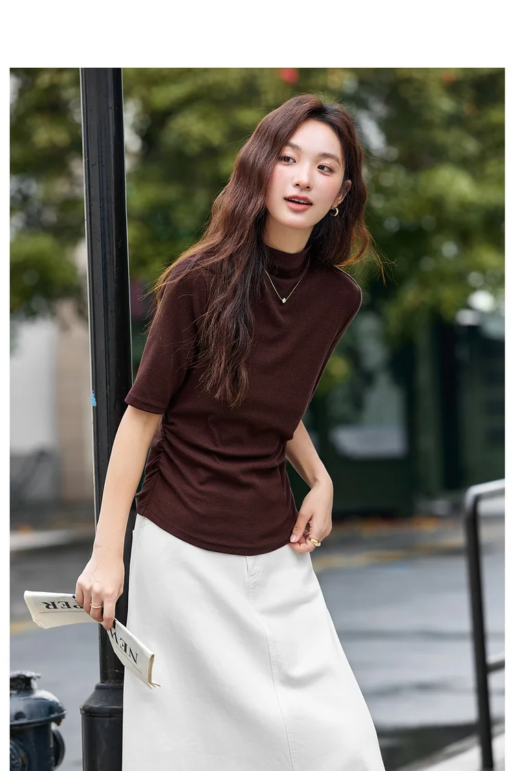 VIMLY Women's Half Sleeve T-shirts Autumn 2026 Casual Folds Mandarin Collar Knitted Slim Fit Ladies Tops Woman Clothing A2811