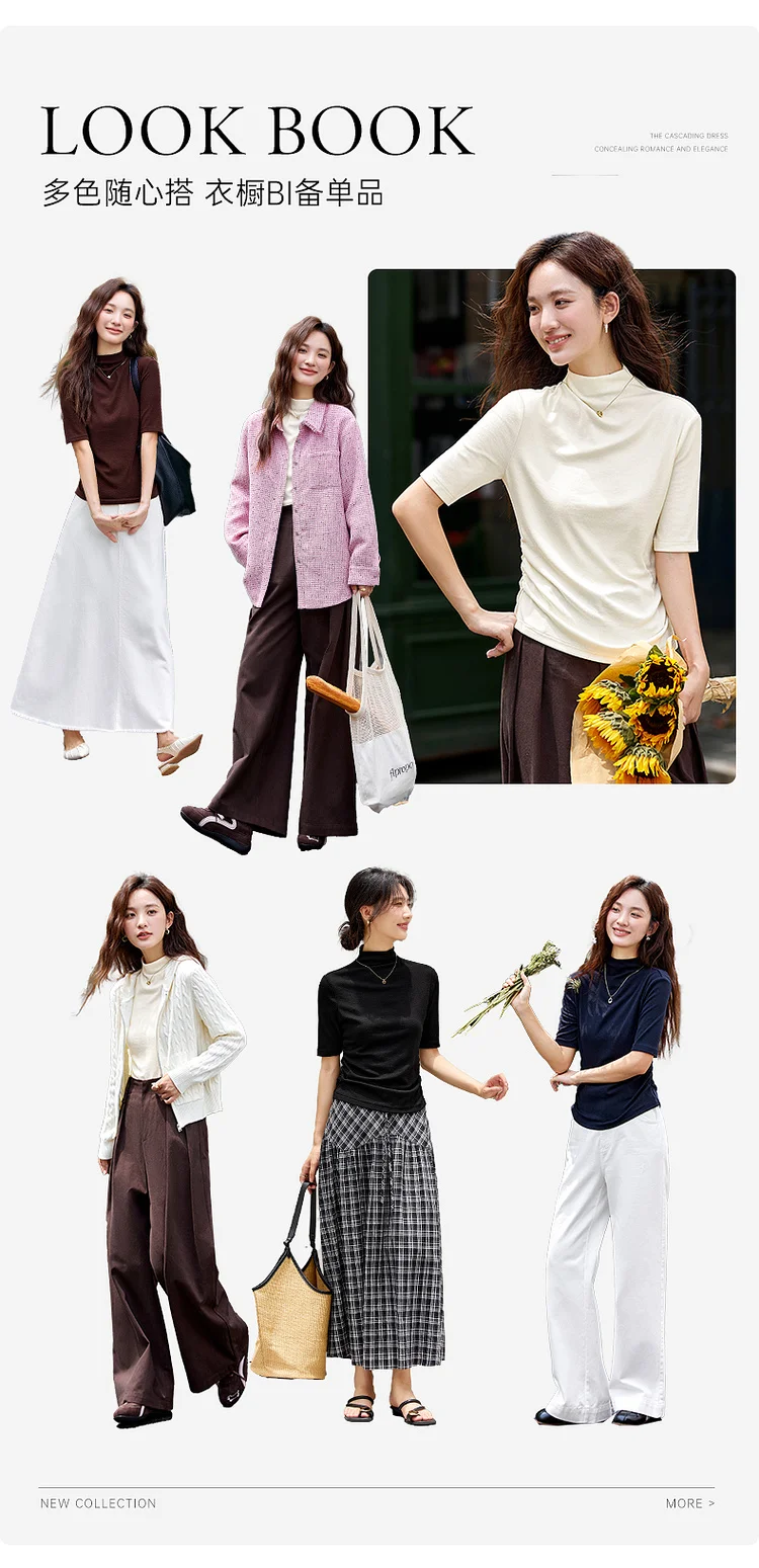 VIMLY Women's Half Sleeve T-shirts Autumn 2026 Casual Folds Mandarin Collar Knitted Slim Fit Ladies Tops Woman Clothing A2811