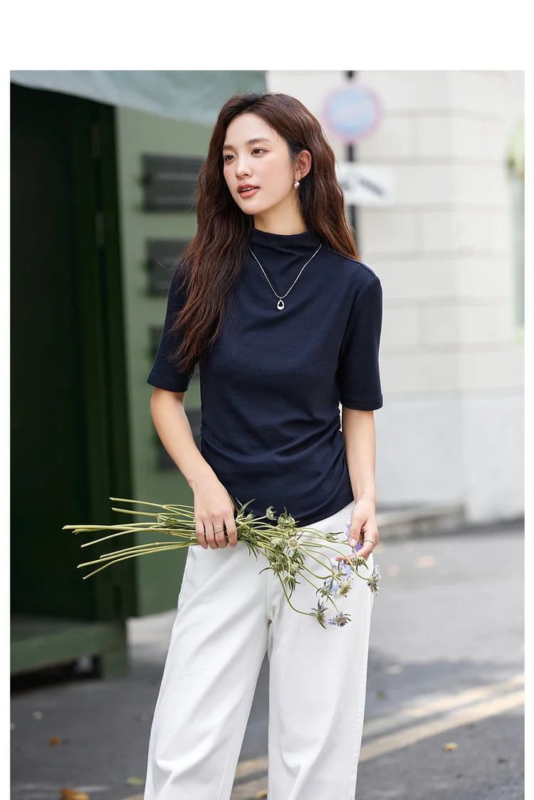 VIMLY Women's Half Sleeve T-shirts Autumn 2026 Casual Folds Mandarin Collar Knitted Slim Fit Ladies Tops Woman Clothing A2811