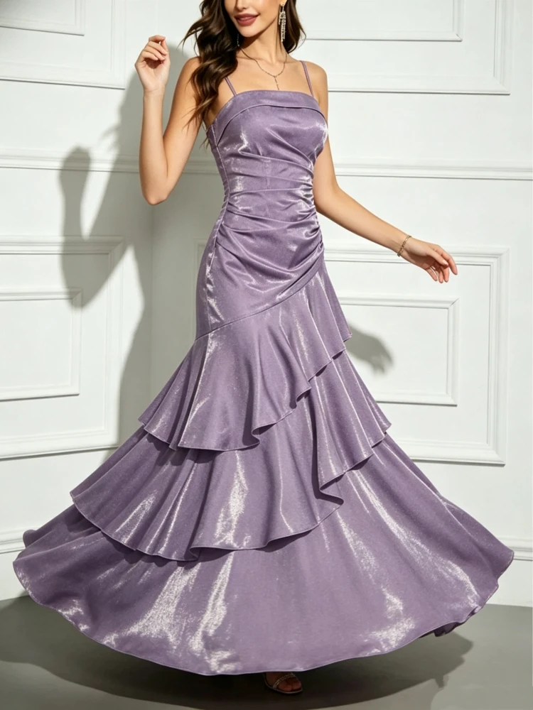 Elegant Women French Spaghetti Strap New Long Dresses Female Slim Chic Party Prom Robe Fashion One Piece Clothing Spring Summer