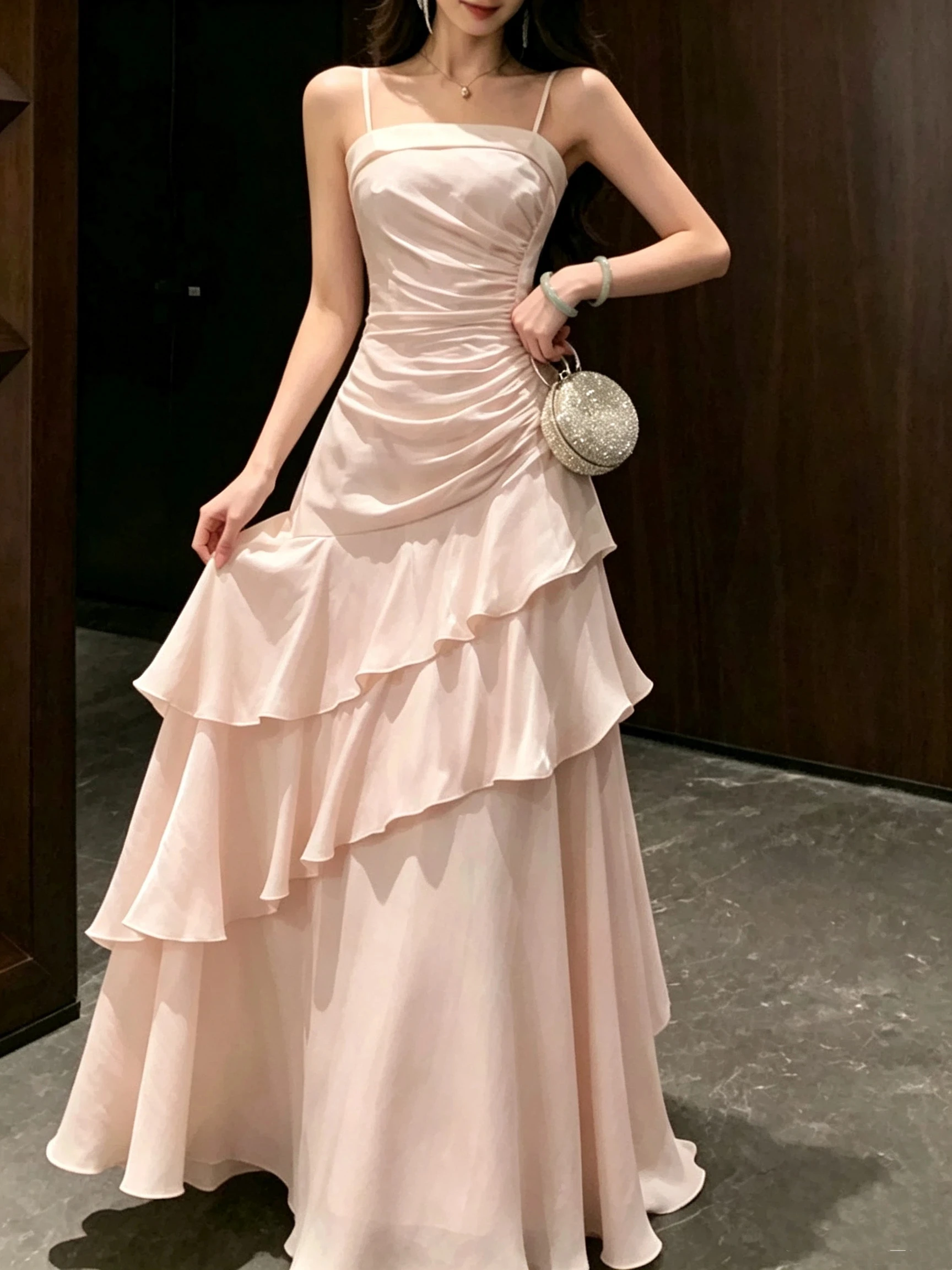 Elegant Women French Spaghetti Strap New Long Dresses Female Slim Chic Party Prom Robe Fashion One Piece Clothing Spring Summer