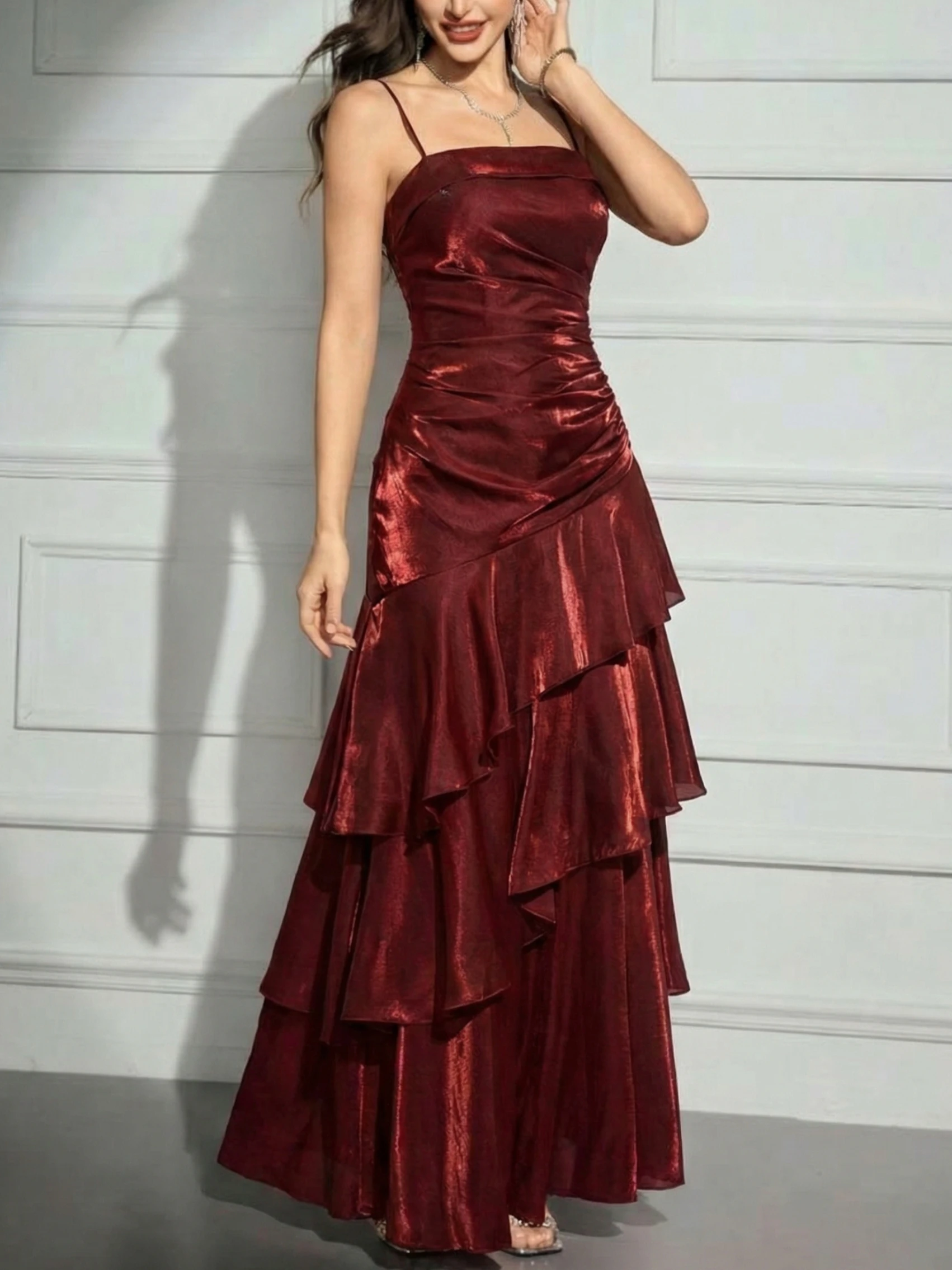 Elegant Women French Spaghetti Strap New Long Dresses Female Slim Chic Party Prom Robe Fashion One Piece Clothing Spring Summer