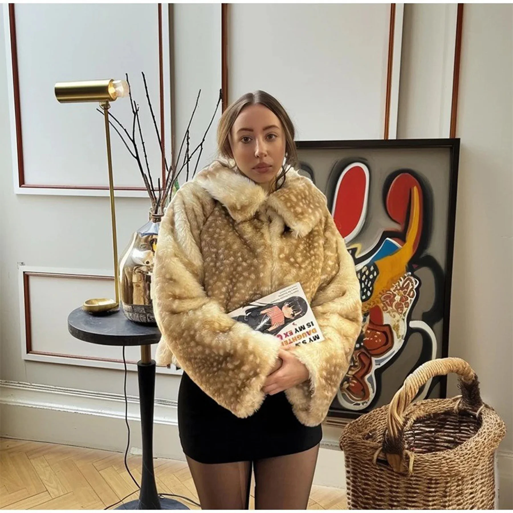 Y2K Sweet Cool Thicken Deer Spot Faux Fur Jacket Oversize Loose Casual Zipper Coat Women High Street Warm Winter Streetwear