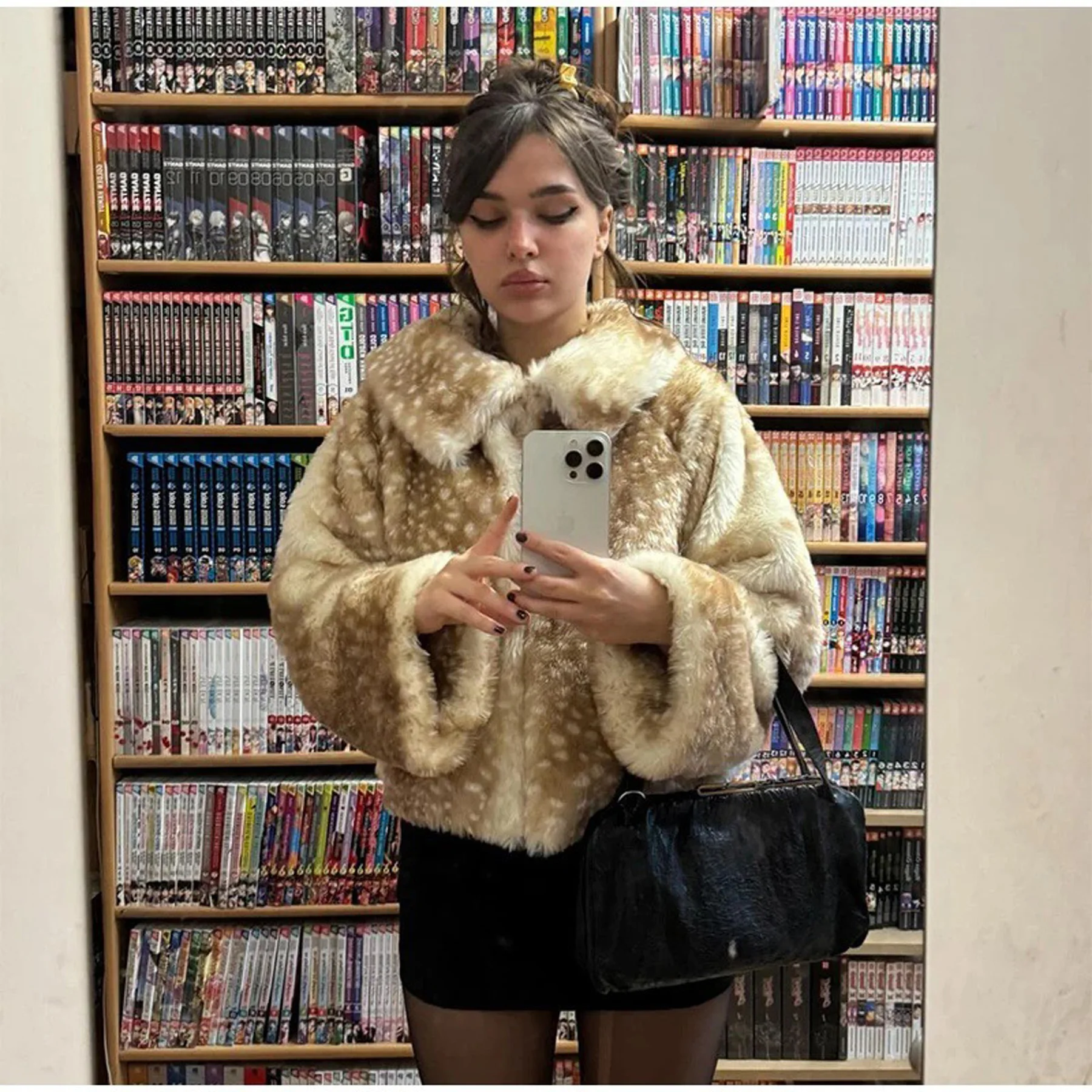 Y2K Sweet Cool Thicken Deer Spot Faux Fur Jacket Oversize Loose Casual Zipper Coat Women High Street Warm Winter Streetwear