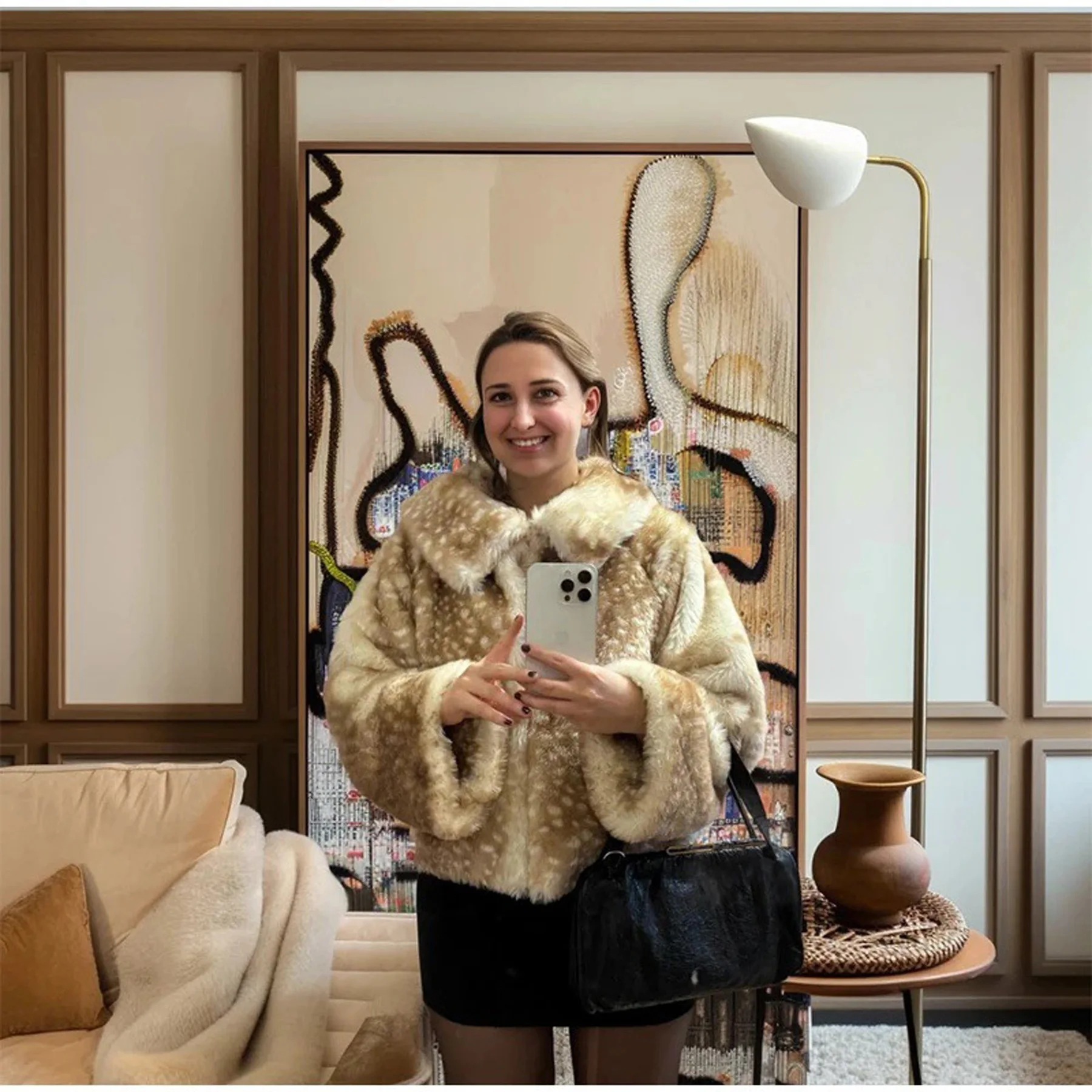 Y2K Sweet Cool Thicken Deer Spot Faux Fur Jacket Oversize Loose Casual Zipper Coat Women High Street Warm Winter Streetwear