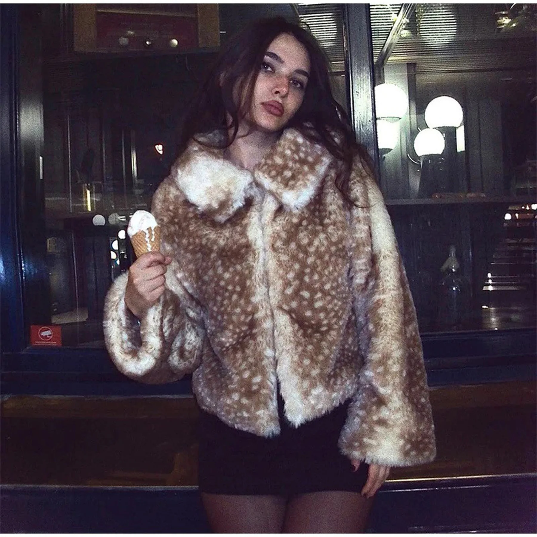 Y2K Sweet Cool Thicken Deer Spot Faux Fur Jacket Oversize Loose Casual Zipper Coat Women High Street Warm Winter Streetwear