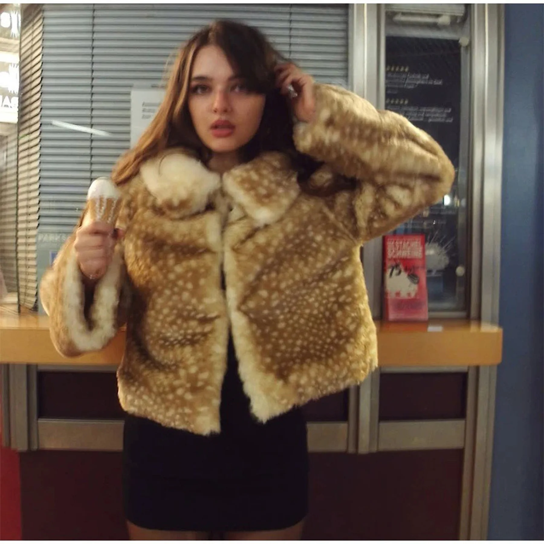 Y2K Sweet Cool Thicken Deer Spot Faux Fur Jacket Oversize Loose Casual Zipper Coat Women High Street Warm Winter Streetwear