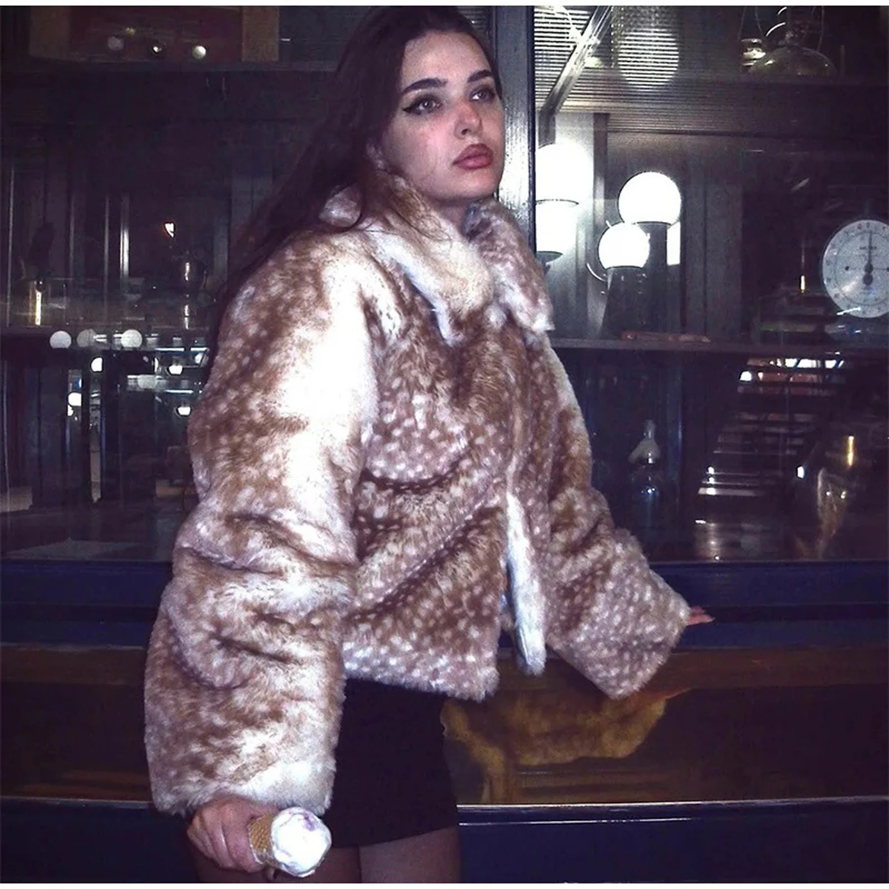Y2K Sweet Cool Thicken Deer Spot Faux Fur Jacket Oversize Loose Casual Zipper Coat Women High Street Warm Winter Streetwear