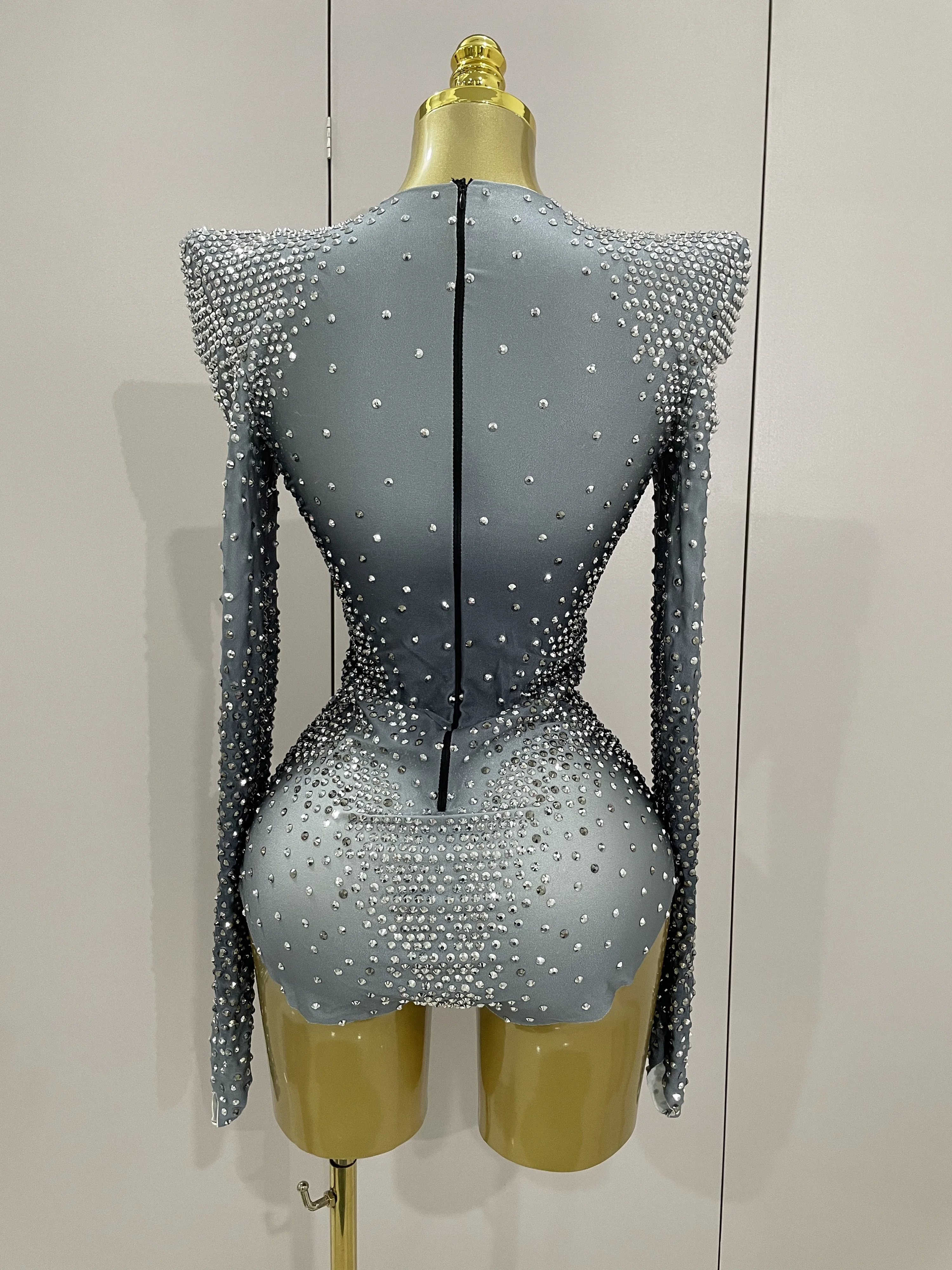 Sparkle Silver Rhinestones Long Sleeve Stretch Bodysuits 2025 New Women Evening Luxury Birthday Party Sexy Nightclub Stage Costu