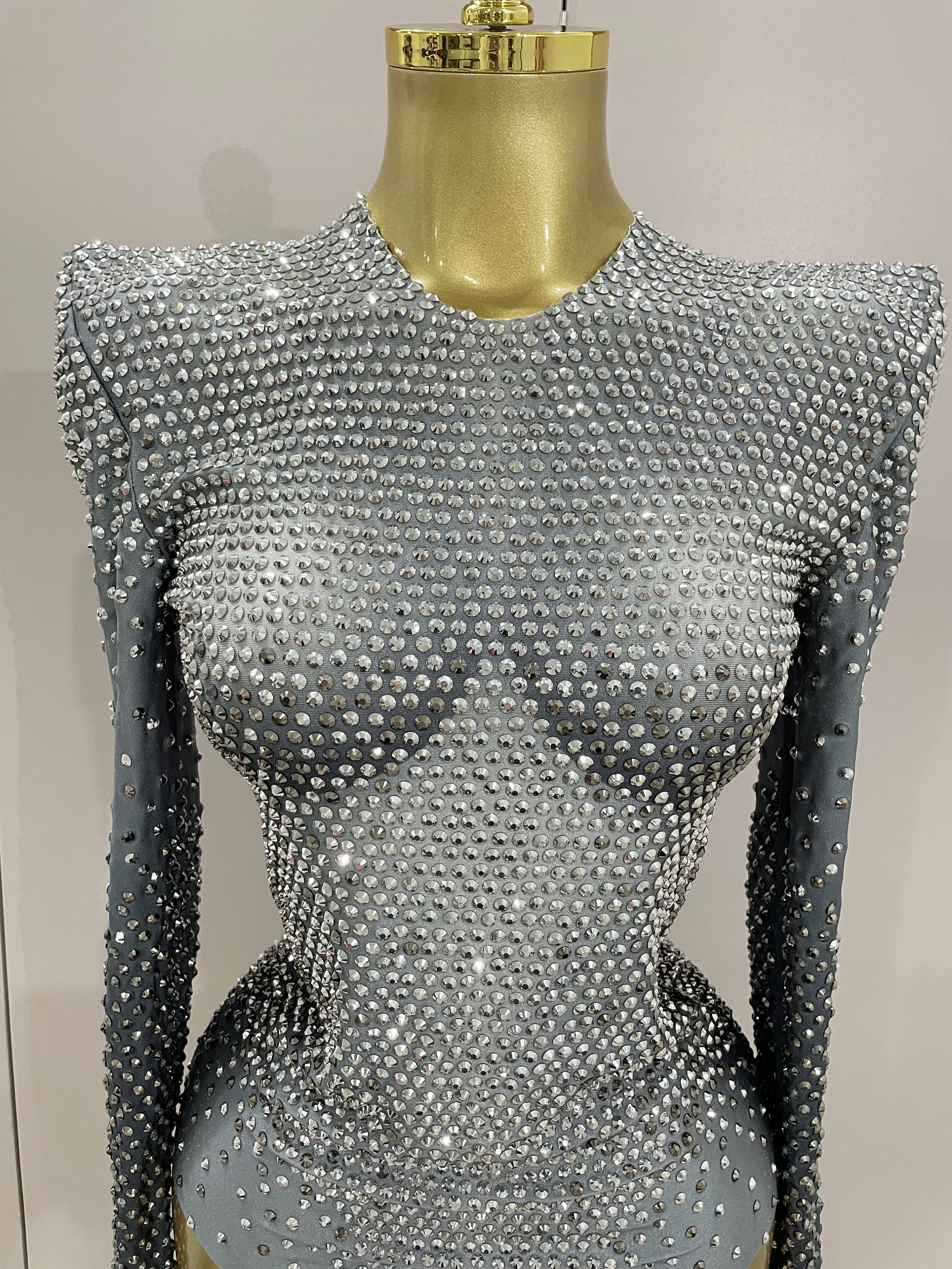 Sparkle Silver Rhinestones Long Sleeve Stretch Bodysuits 2025 New Women Evening Luxury Birthday Party Sexy Nightclub Stage Costu