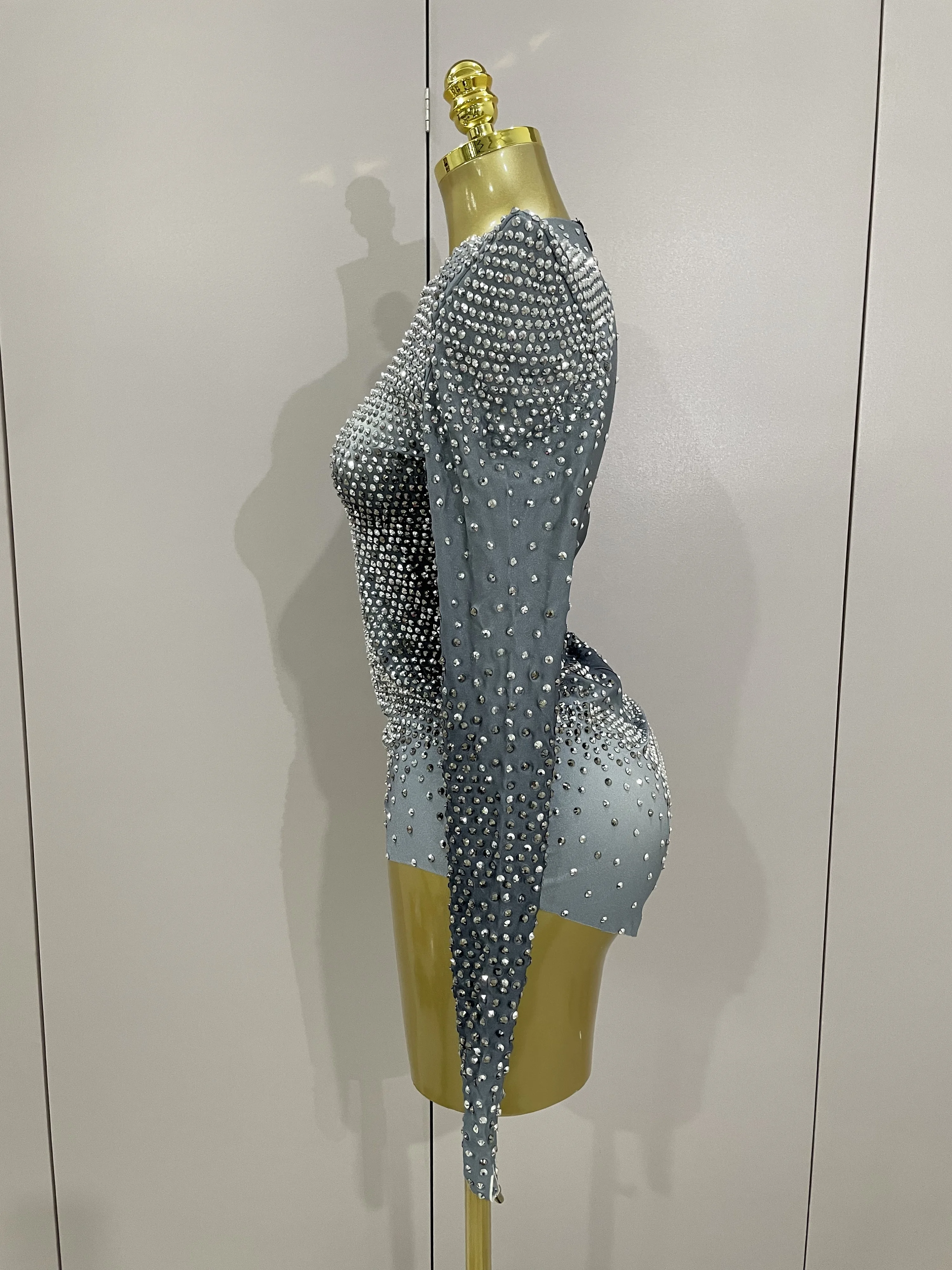 Sparkle Silver Rhinestones Long Sleeve Stretch Bodysuits 2025 New Women Evening Luxury Birthday Party Sexy Nightclub Stage Costu