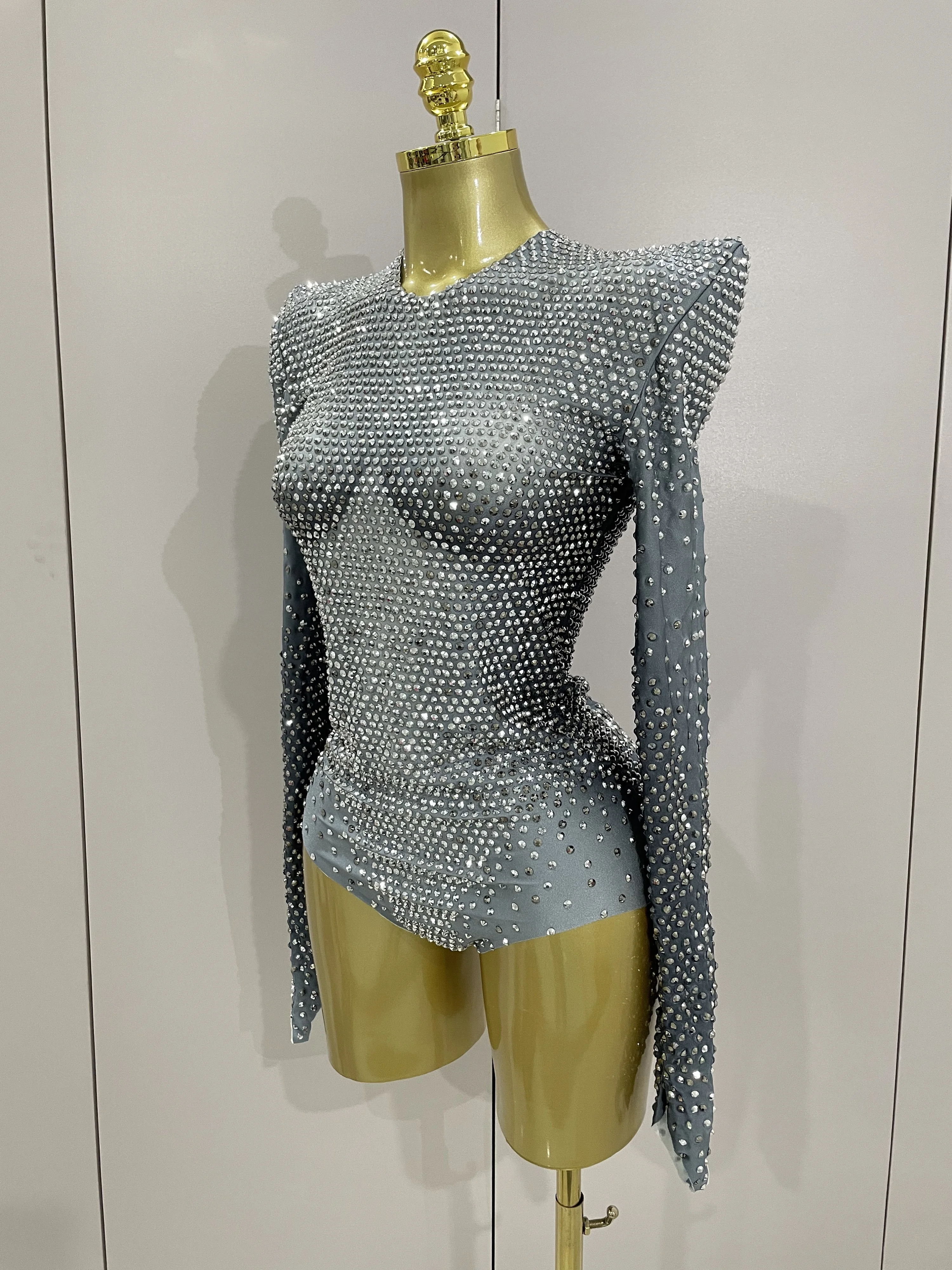 Sparkle Silver Rhinestones Long Sleeve Stretch Bodysuits 2025 New Women Evening Luxury Birthday Party Sexy Nightclub Stage Costu