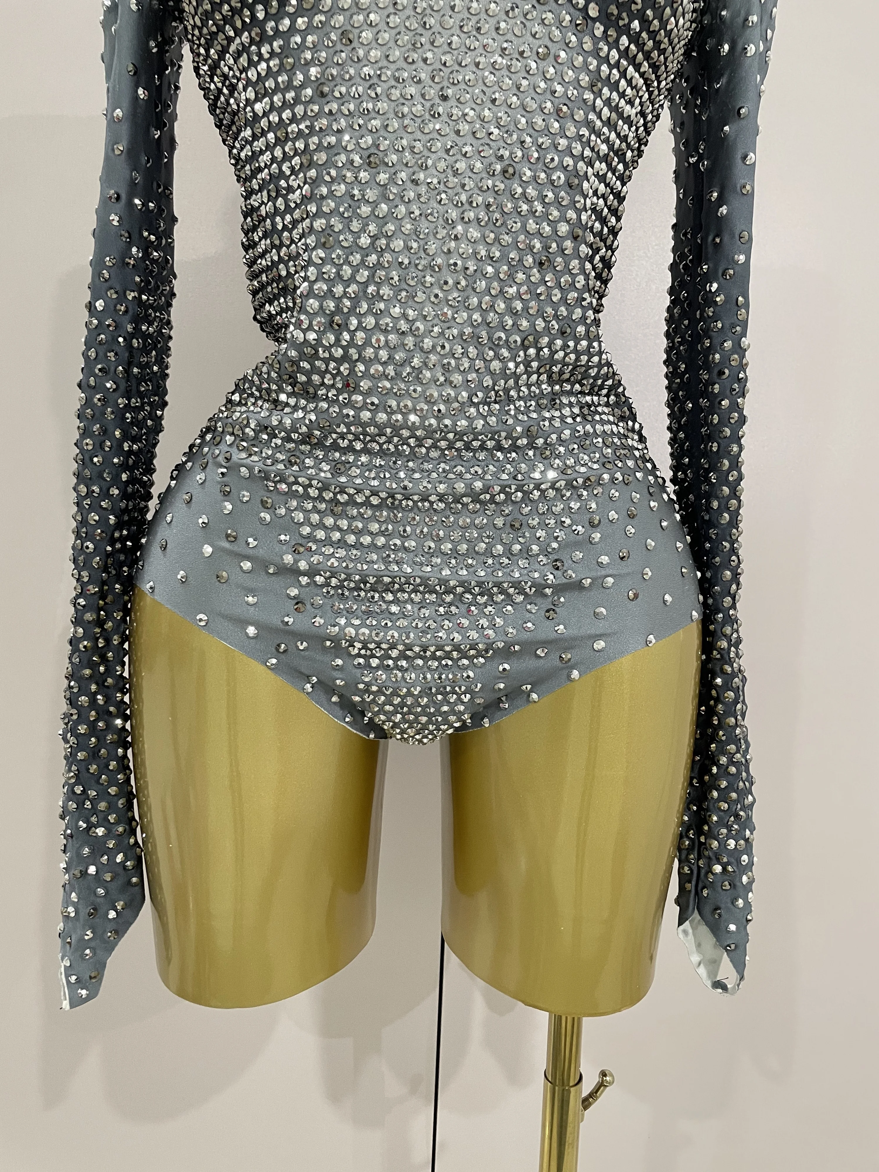 Sparkle Silver Rhinestones Long Sleeve Stretch Bodysuits 2025 New Women Evening Luxury Birthday Party Sexy Nightclub Stage Costu