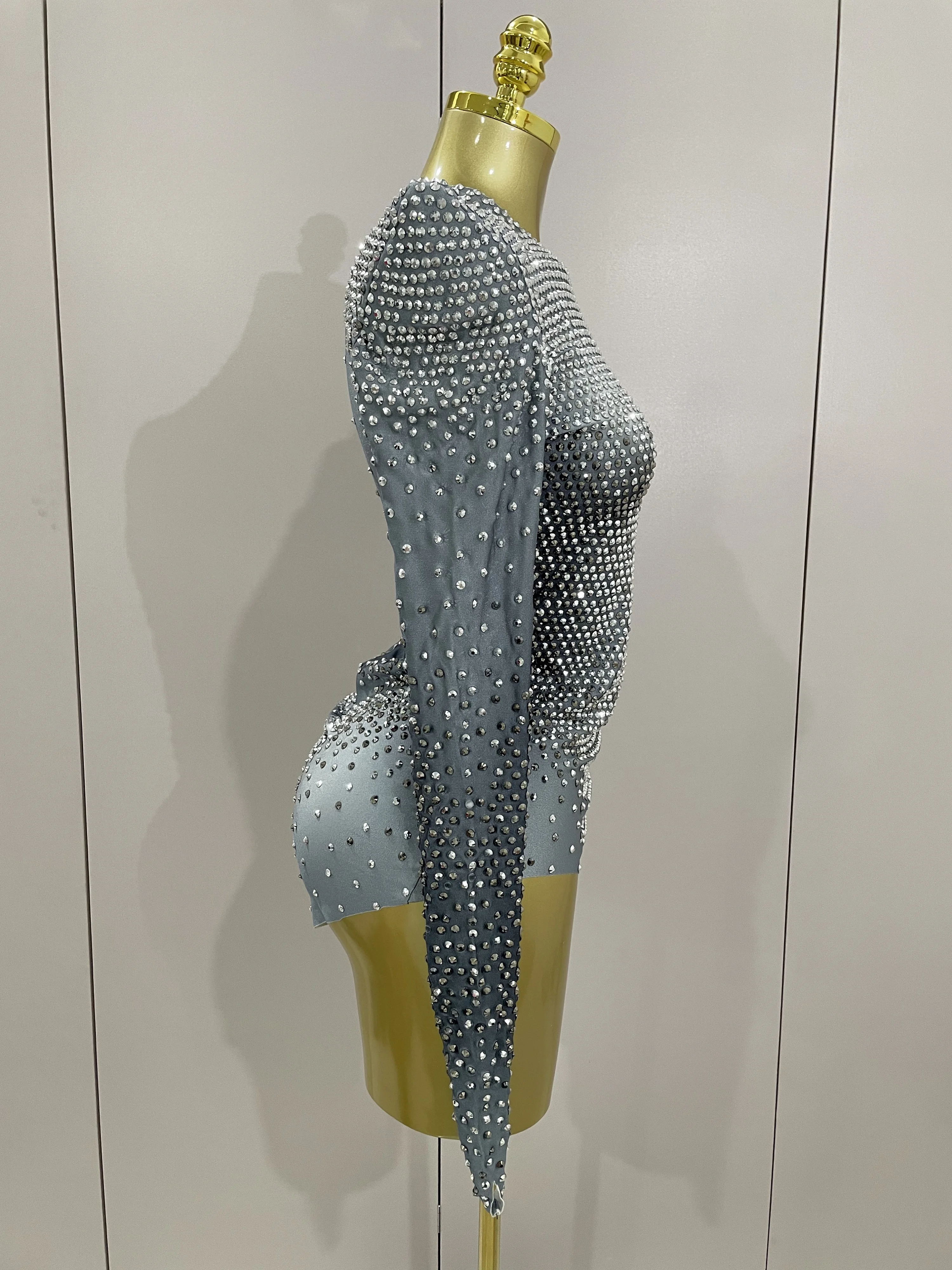 Sparkle Silver Rhinestones Long Sleeve Stretch Bodysuits 2025 New Women Evening Luxury Birthday Party Sexy Nightclub Stage Costu