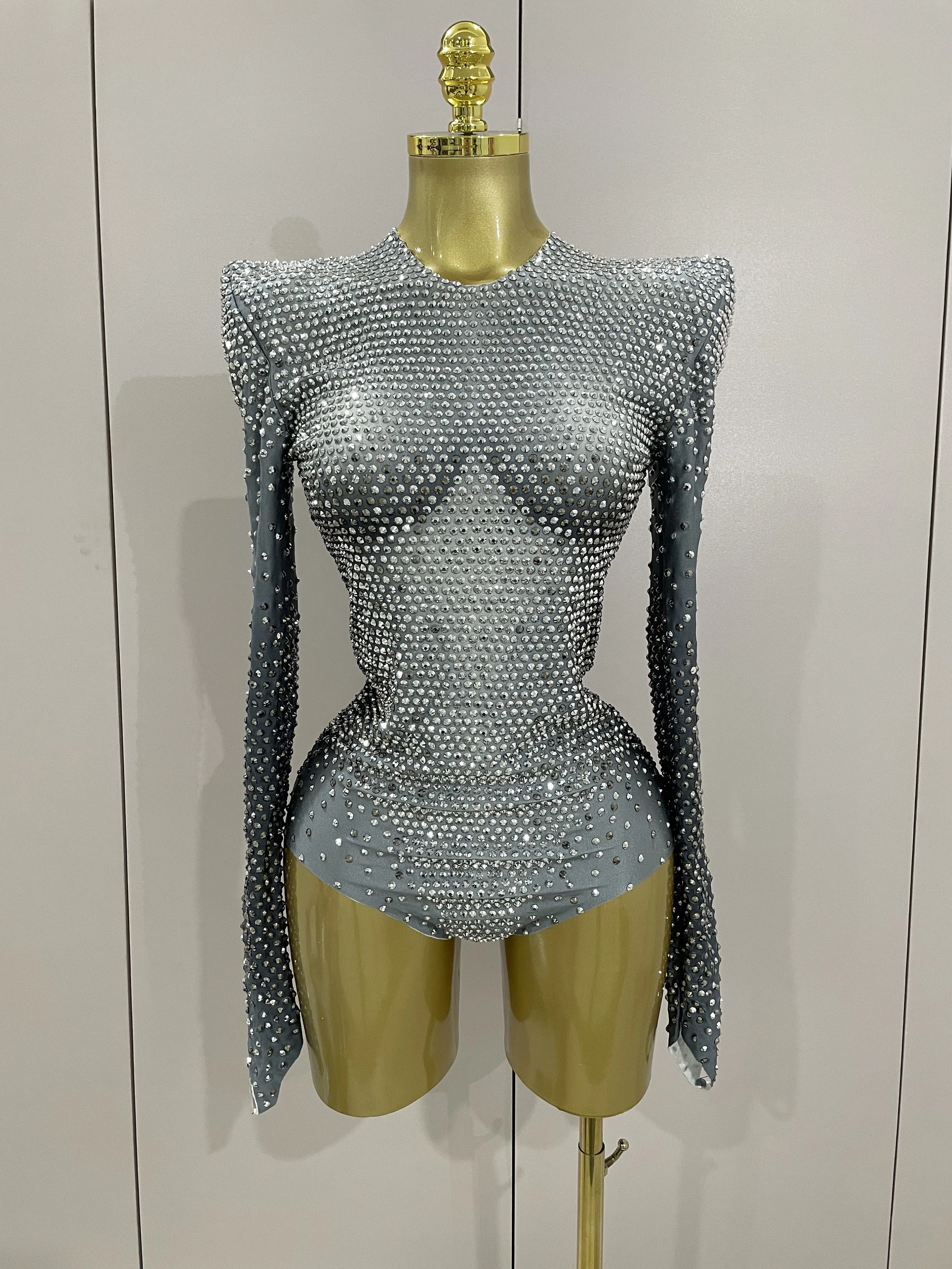 Sparkle Silver Rhinestones Long Sleeve Stretch Bodysuits 2025 New Women Evening Luxury Birthday Party Sexy Nightclub Stage Costu