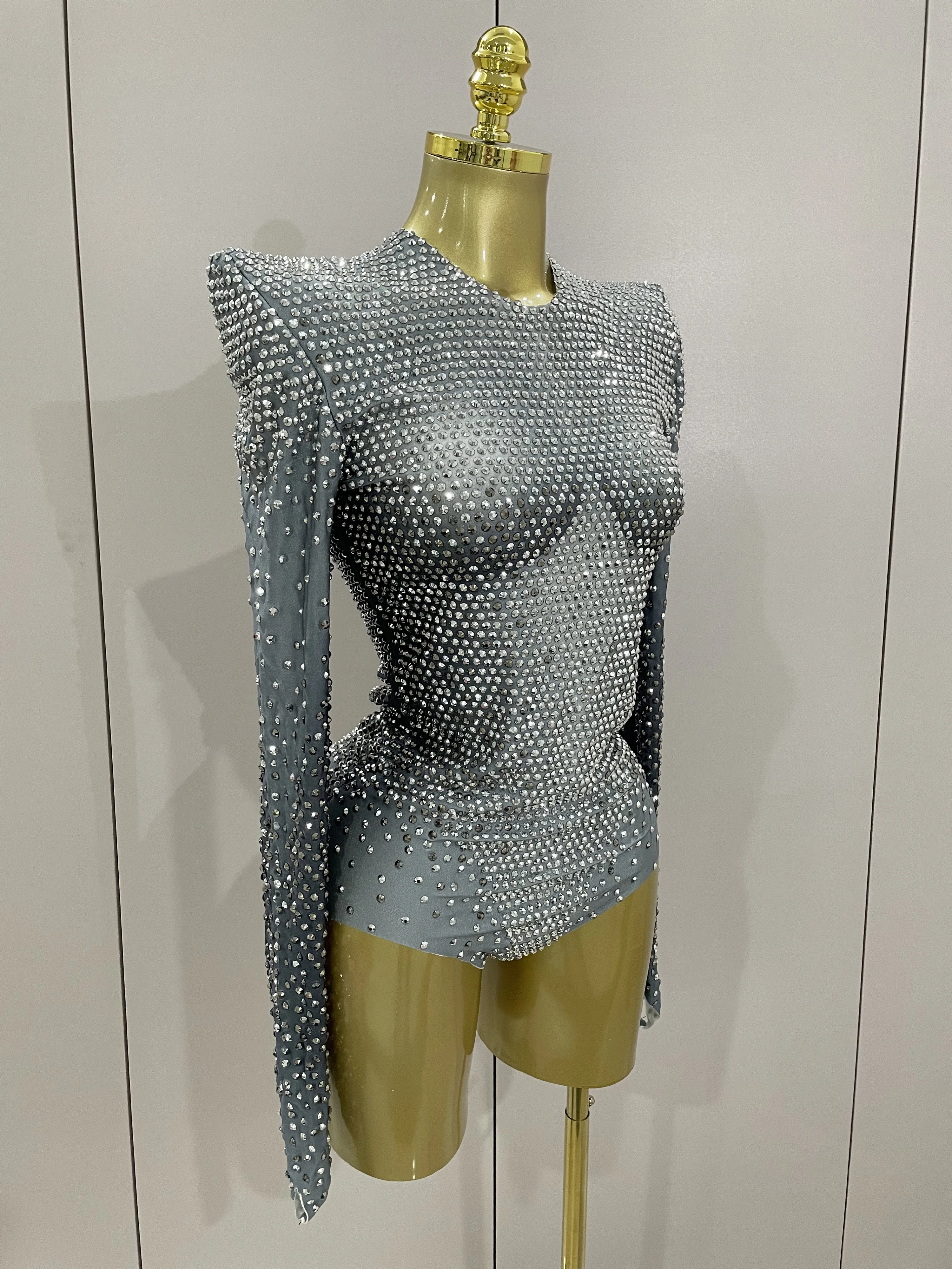 Sparkle Silver Rhinestones Long Sleeve Stretch Bodysuits 2025 New Women Evening Luxury Birthday Party Sexy Nightclub Stage Costu