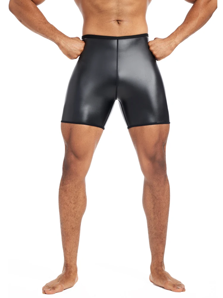 PU Leather Shorts Elastic Waist Rave Short Pants New Men Shorts Pants Male Solid Color Leather Trousers Fitness Streetwear S-4XL