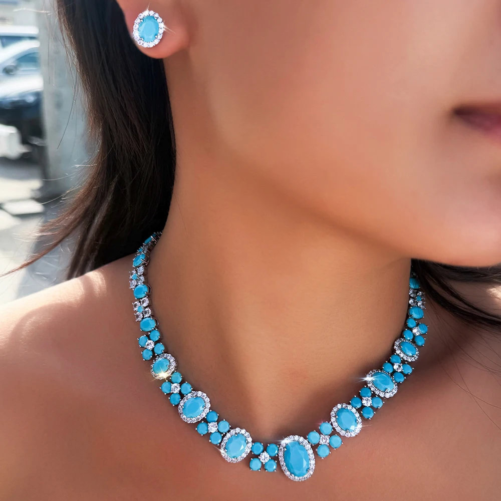 ThreeGraces Luxury Shiny Blue Synthetic Turquoise Geometric Oval Shape Bridal Wedding Evening Party Jewelry Set for Women T1114