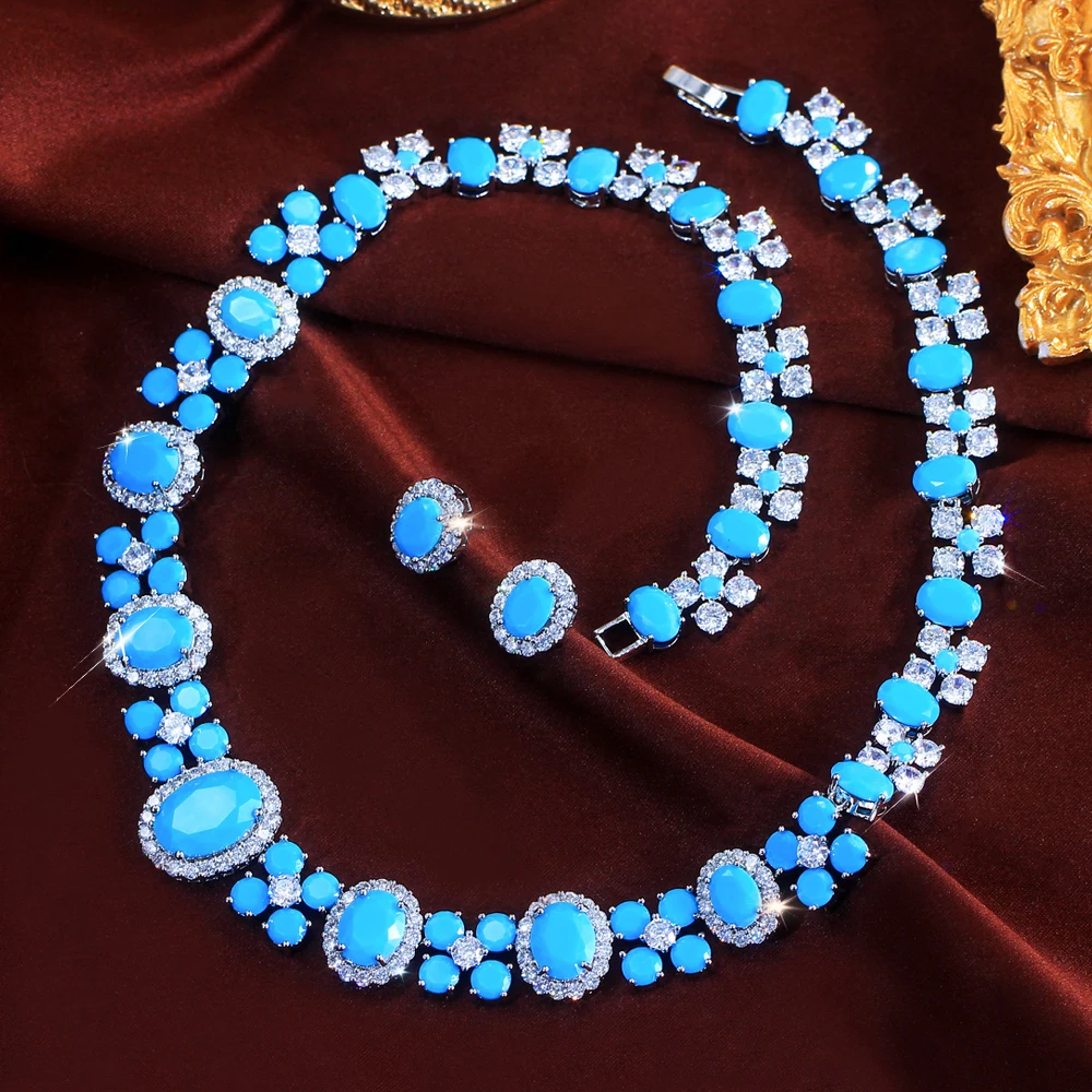 ThreeGraces Luxury Shiny Blue Synthetic Turquoise Geometric Oval Shape Bridal Wedding Evening Party Jewelry Set for Women T1114