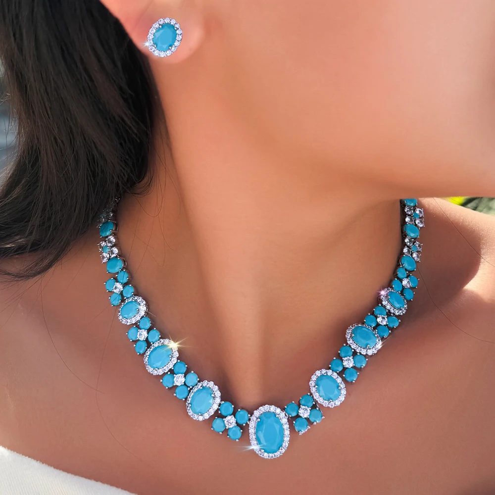 ThreeGraces Luxury Shiny Blue Synthetic Turquoise Geometric Oval Shape Bridal Wedding Evening Party Jewelry Set for Women T1114