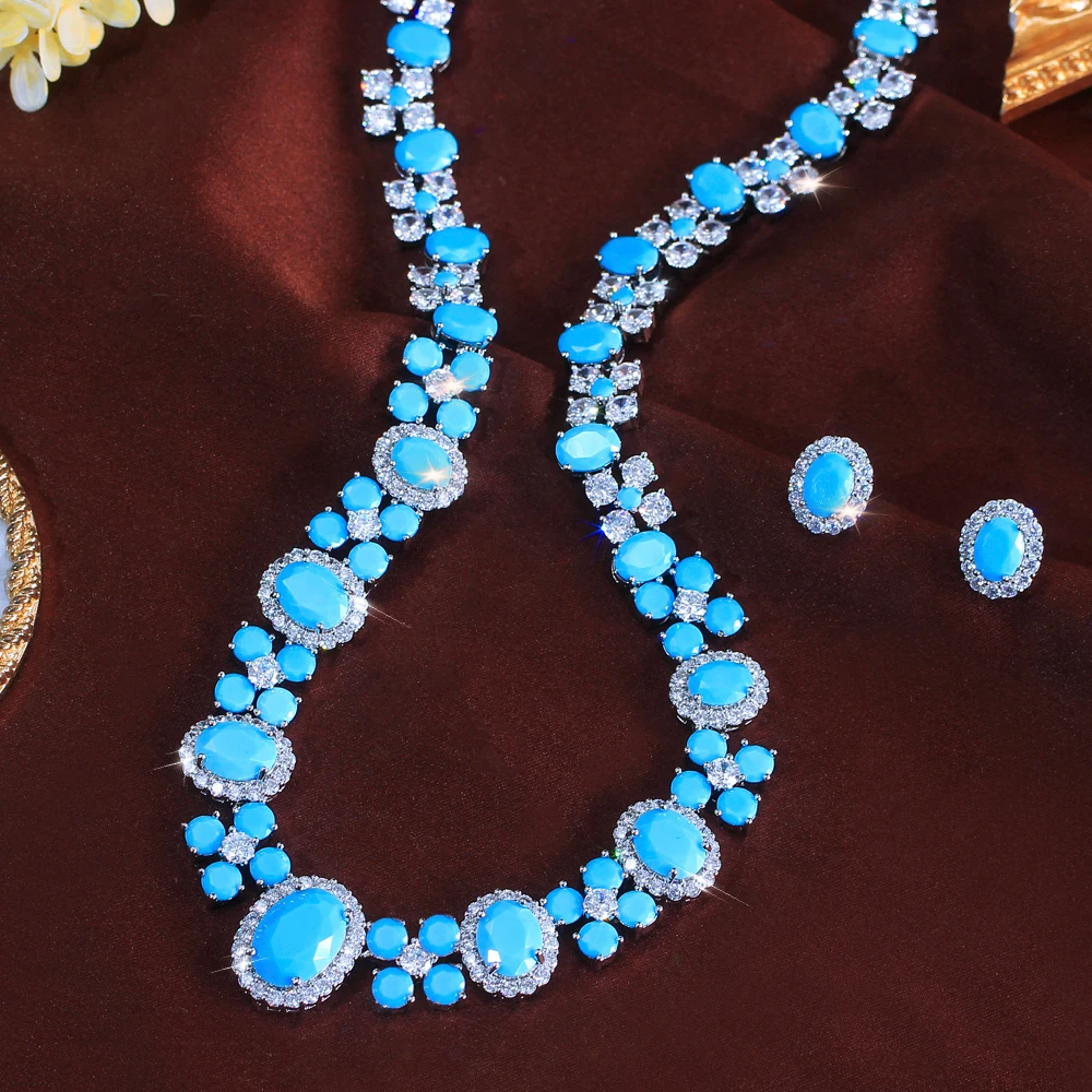 ThreeGraces Luxury Shiny Blue Synthetic Turquoise Geometric Oval Shape Bridal Wedding Evening Party Jewelry Set for Women T1114
