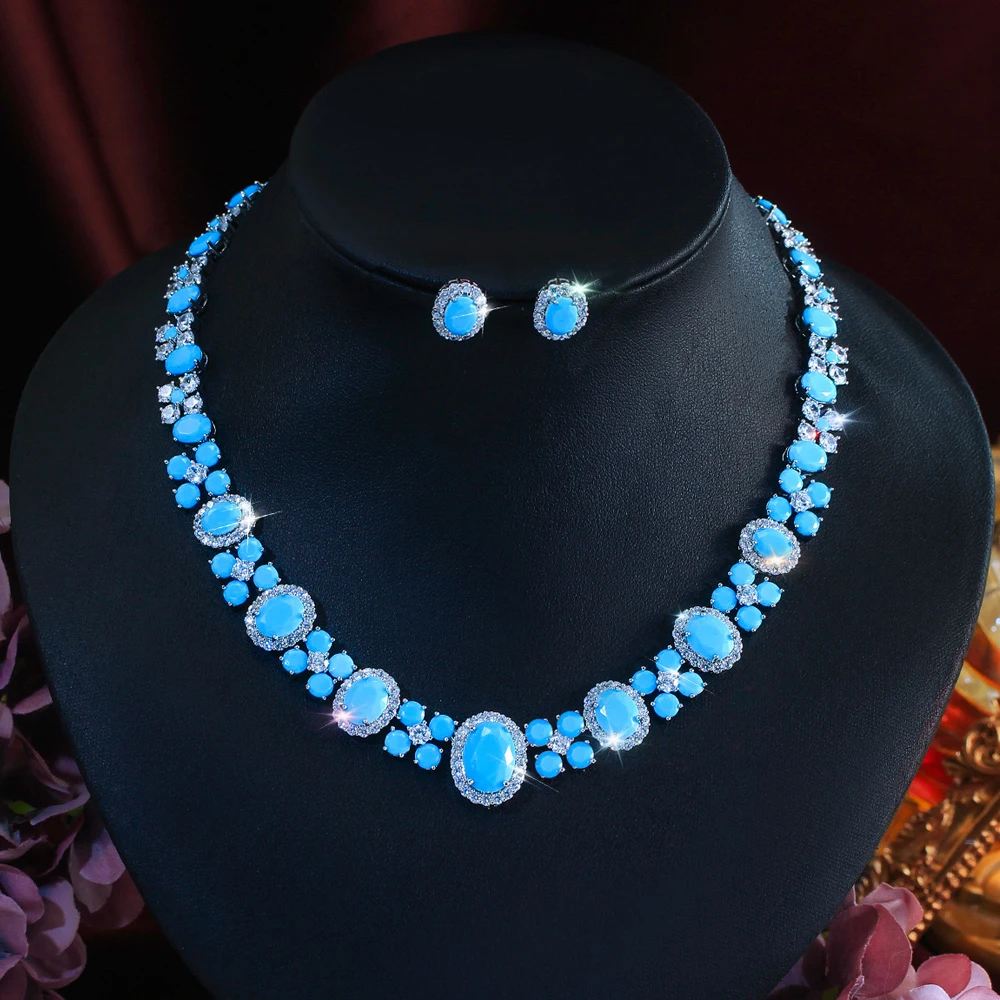 ThreeGraces Luxury Shiny Blue Synthetic Turquoise Geometric Oval Shape Bridal Wedding Evening Party Jewelry Set for Women T1114