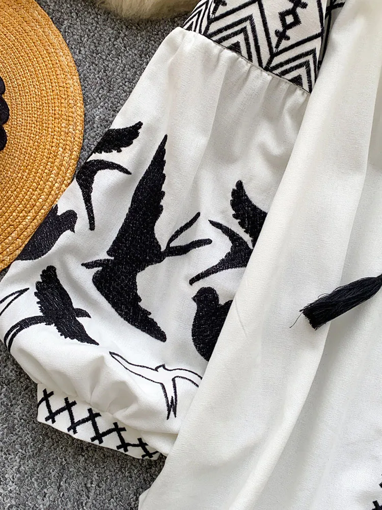 Women Autumn Blouse Bohemian Heavy-Duty V-Neck Embroidered Blouse Korean Long Sleeve Loose Fit Tassel Design Ethnic Top BL338