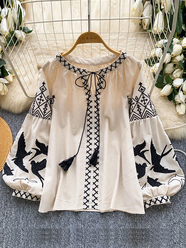 Women Autumn Blouse Bohemian Heavy-Duty V-Neck Embroidered Blouse Korean Long Sleeve Loose Fit Tassel Design Ethnic Top BL338