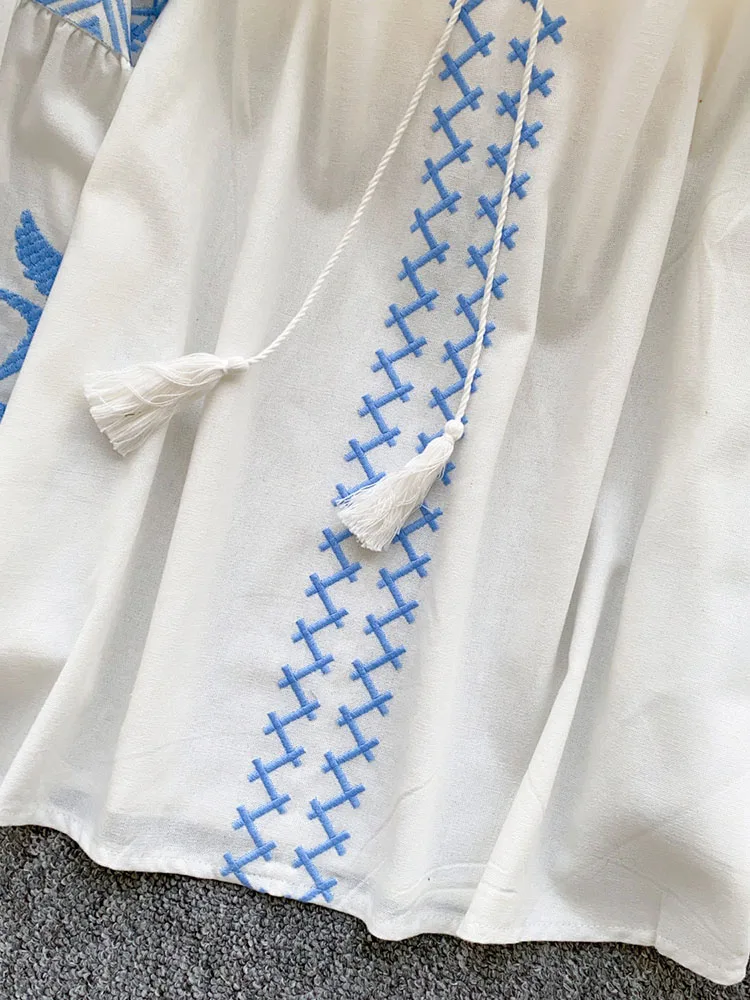 Women Autumn Blouse Bohemian Heavy-Duty V-Neck Embroidered Blouse Korean Long Sleeve Loose Fit Tassel Design Ethnic Top BL338