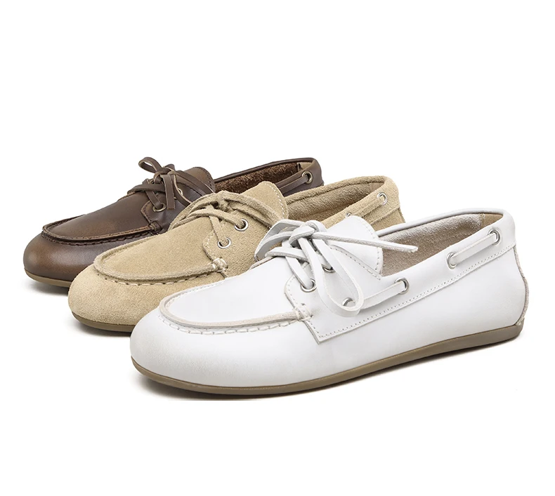 Smile Circle Boat Shoes Women Genuine Leather Loafers Moccasins Lace-up Flat Shoes