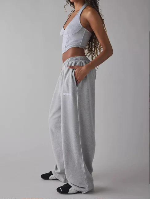 M6067 Embroidered Loose Fashionable Casual Commute Style Straight Leg Pants Sporty Trendy All-Match Long Trousers
