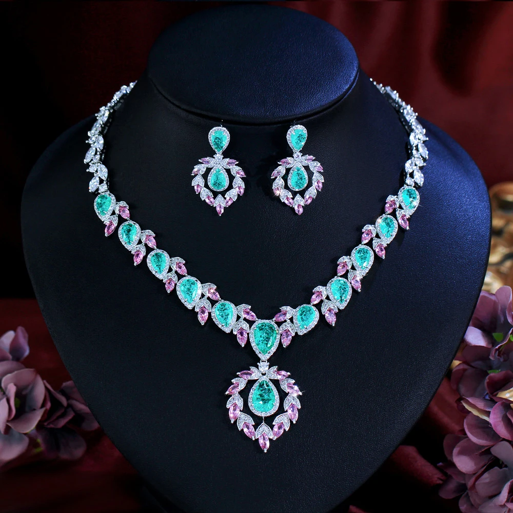 ThreeGraces Luxury Shiny Pink and Green Ice Crack Design Zirconia Bridal Wedding Party Water Drop Jewelry Set for Women T1072
