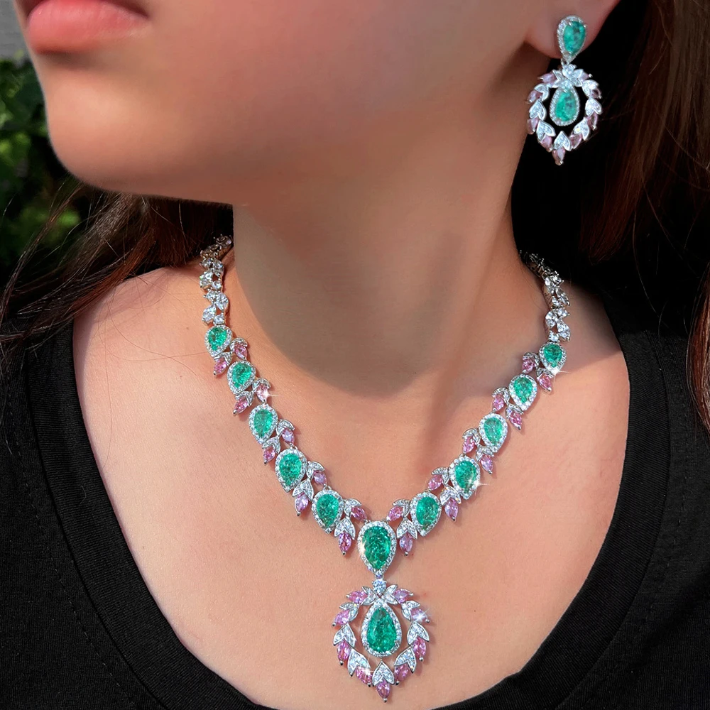 ThreeGraces Luxury Shiny Pink and Green Ice Crack Design Zirconia Bridal Wedding Party Water Drop Jewelry Set for Women T1072