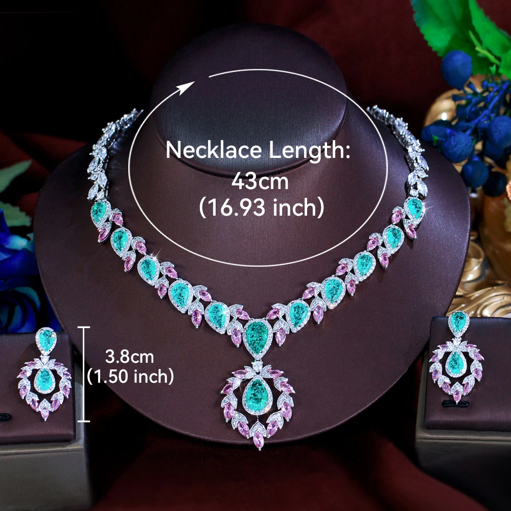ThreeGraces Luxury Shiny Pink and Green Ice Crack Design Zirconia Bridal Wedding Party Water Drop Jewelry Set for Women T1072