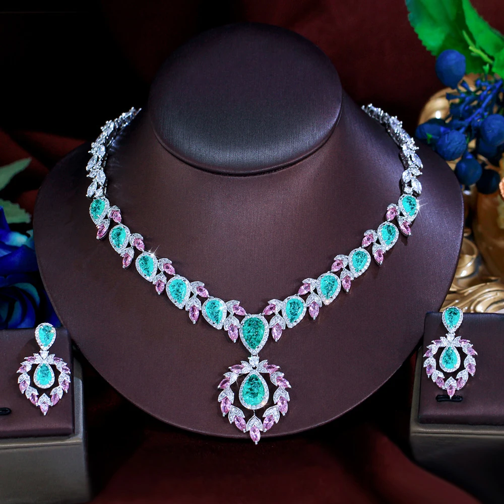 ThreeGraces Luxury Shiny Pink and Green Ice Crack Design Zirconia Bridal Wedding Party Water Drop Jewelry Set for Women T1072