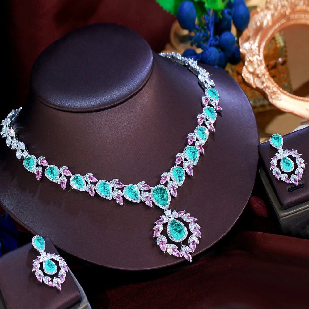 ThreeGraces Luxury Shiny Pink and Green Ice Crack Design Zirconia Bridal Wedding Party Water Drop Jewelry Set for Women T1072