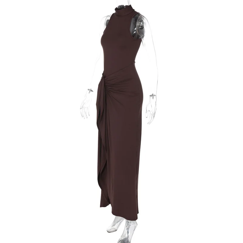Mozision Elegant Draped Ruched Sexy Maxi Dress For Women Fashion O Neck Sleeveless Thigh High Split Club Party Long Dress Female