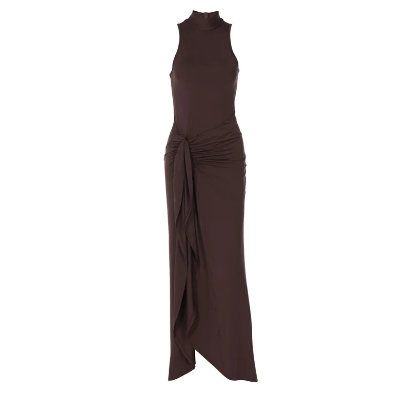 Mozision Elegant Draped Ruched Sexy Maxi Dress For Women Fashion O Neck Sleeveless Thigh High Split Club Party Long Dress Female