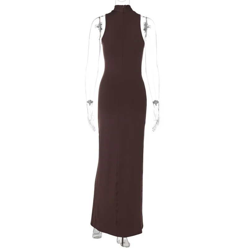 Mozision Elegant Draped Ruched Sexy Maxi Dress For Women Fashion O Neck Sleeveless Thigh High Split Club Party Long Dress Female