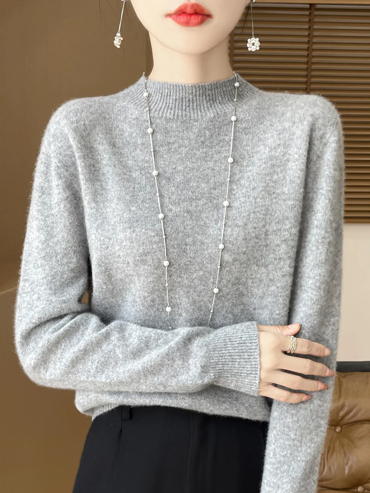 Fashion 100% Wool Sweater Women's Mock-Neck Knitwear Cashmere Pullovers Autumn Winter Long Sleeve Jumpers Clothing Tops