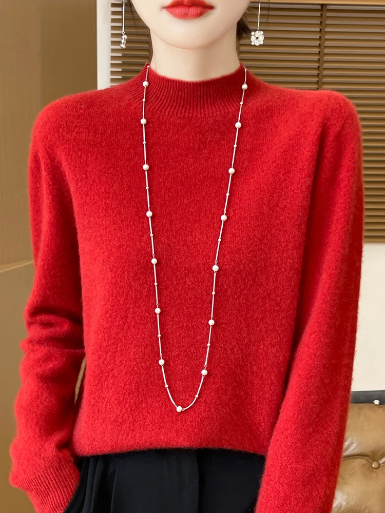 Fashion 100% Wool Sweater Women's Mock-Neck Knitwear Cashmere Pullovers Autumn Winter Long Sleeve Jumpers Clothing Tops