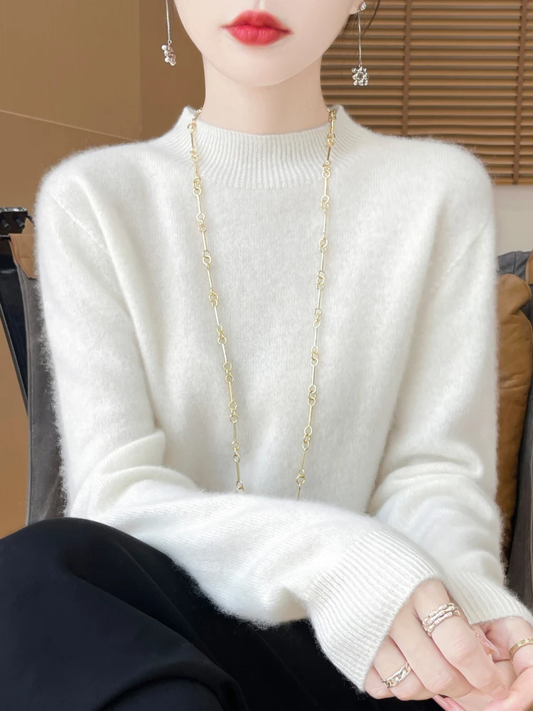 Fashion 100% Wool Sweater Women's Mock-Neck Knitwear Cashmere Pullovers Autumn Winter Long Sleeve Jumpers Clothing Tops
