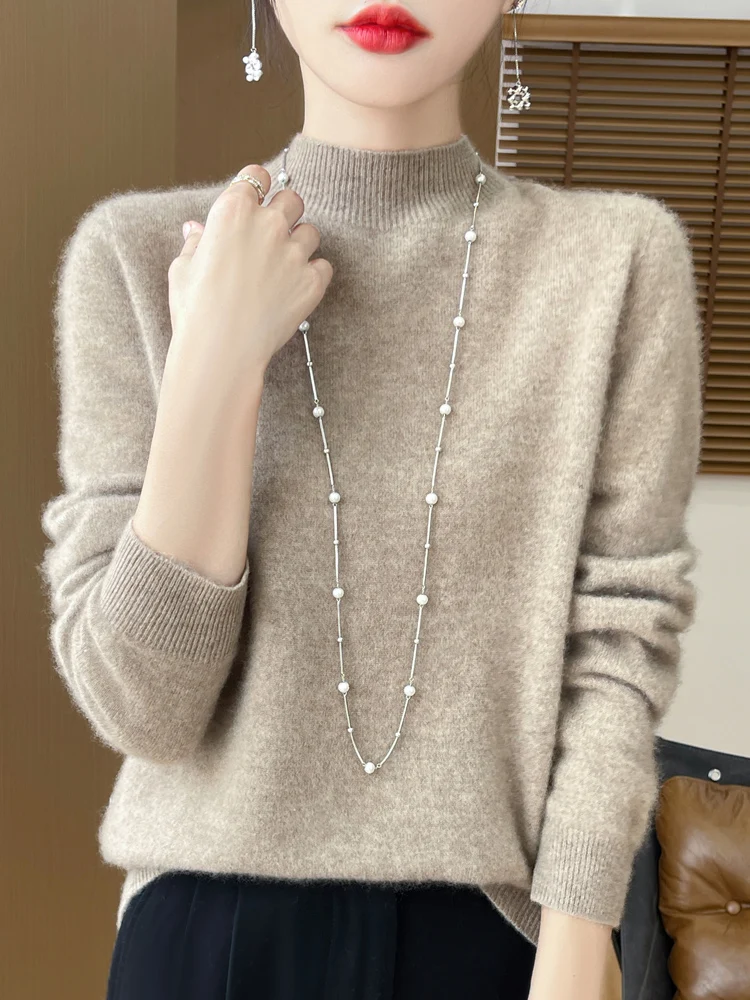 Fashion 100% Wool Sweater Women's Mock-Neck Knitwear Cashmere Pullovers Autumn Winter Long Sleeve Jumpers Clothing Tops
