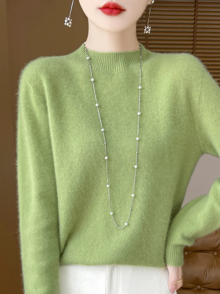 Fashion 100% Wool Sweater Women's Mock-Neck Knitwear Cashmere Pullovers Autumn Winter Long Sleeve Jumpers Clothing Tops