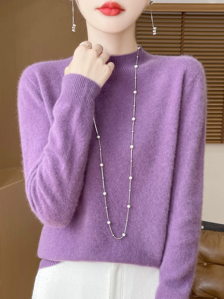 Fashion 100% Wool Sweater Women's Mock-Neck Knitwear Cashmere Pullovers Autumn Winter Long Sleeve Jumpers Clothing Tops