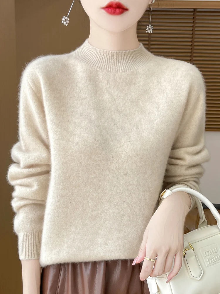Fashion 100% Wool Sweater Women's Mock-Neck Knitwear Cashmere Pullovers Autumn Winter Long Sleeve Jumpers Clothing Tops