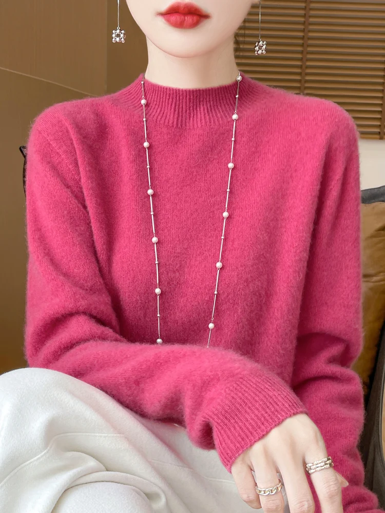 Fashion 100% Wool Sweater Women's Mock-Neck Knitwear Cashmere Pullovers Autumn Winter Long Sleeve Jumpers Clothing Tops