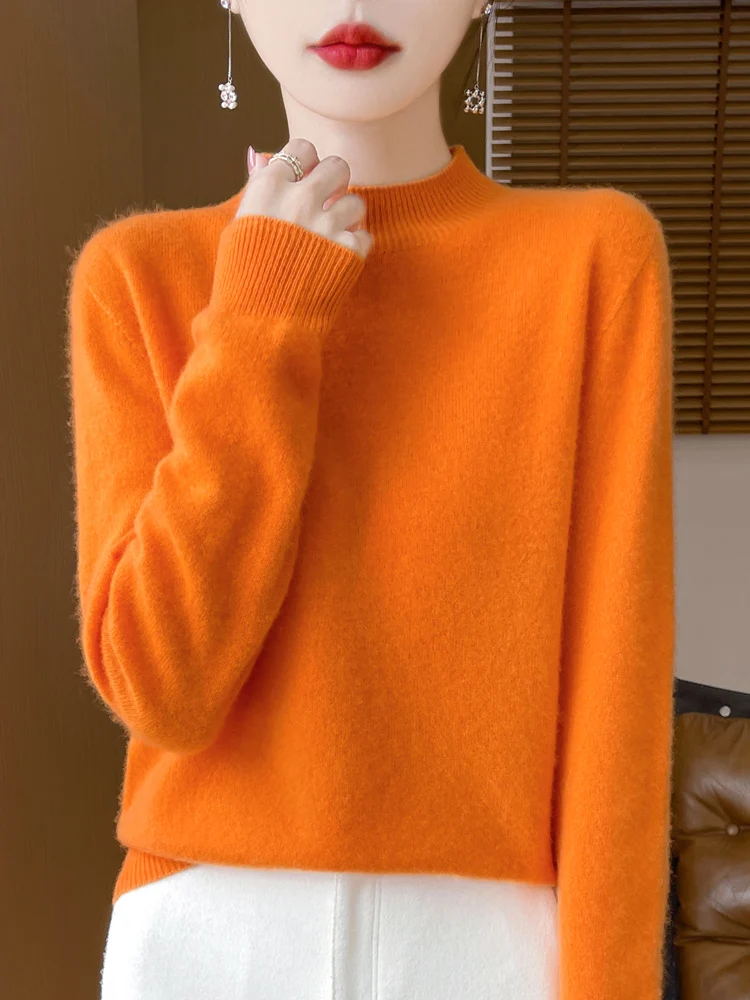 Fashion 100% Wool Sweater Women's Mock-Neck Knitwear Cashmere Pullovers Autumn Winter Long Sleeve Jumpers Clothing Tops