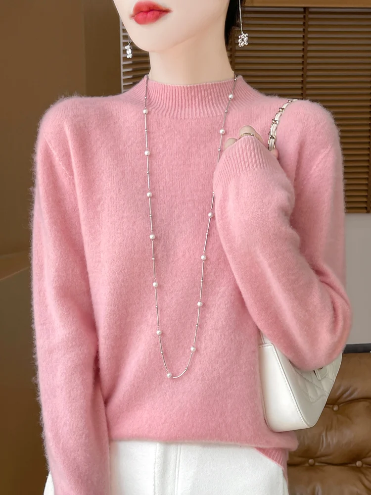 Fashion 100% Wool Sweater Women's Mock-Neck Knitwear Cashmere Pullovers Autumn Winter Long Sleeve Jumpers Clothing Tops