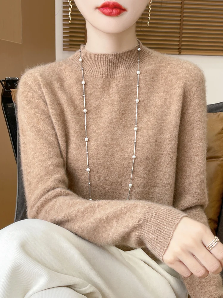 Fashion 100% Wool Sweater Women's Mock-Neck Knitwear Cashmere Pullovers Autumn Winter Long Sleeve Jumpers Clothing Tops